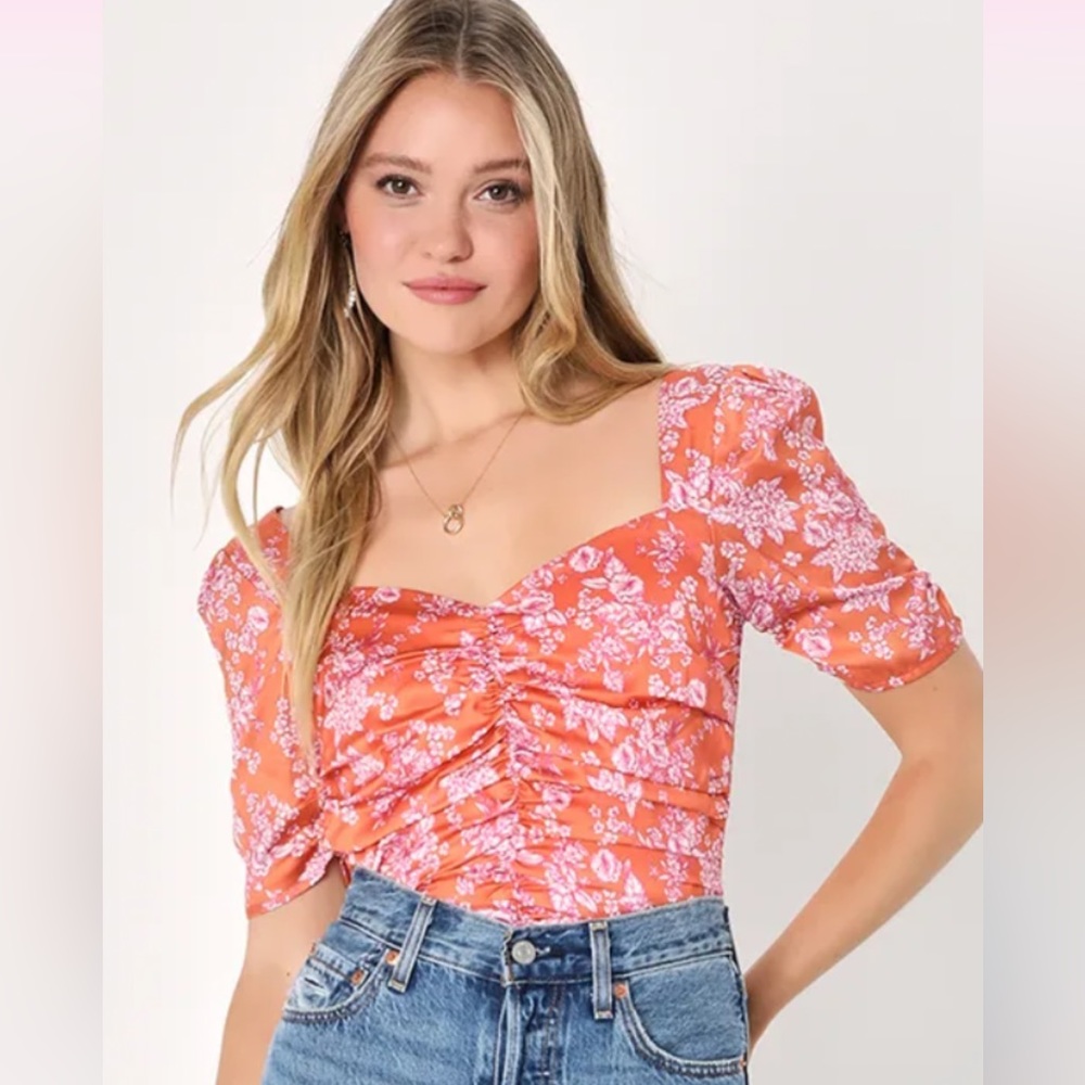 Lulus Aspiring Blooms Orange Satin Floral Ruched Short Sleeve Top